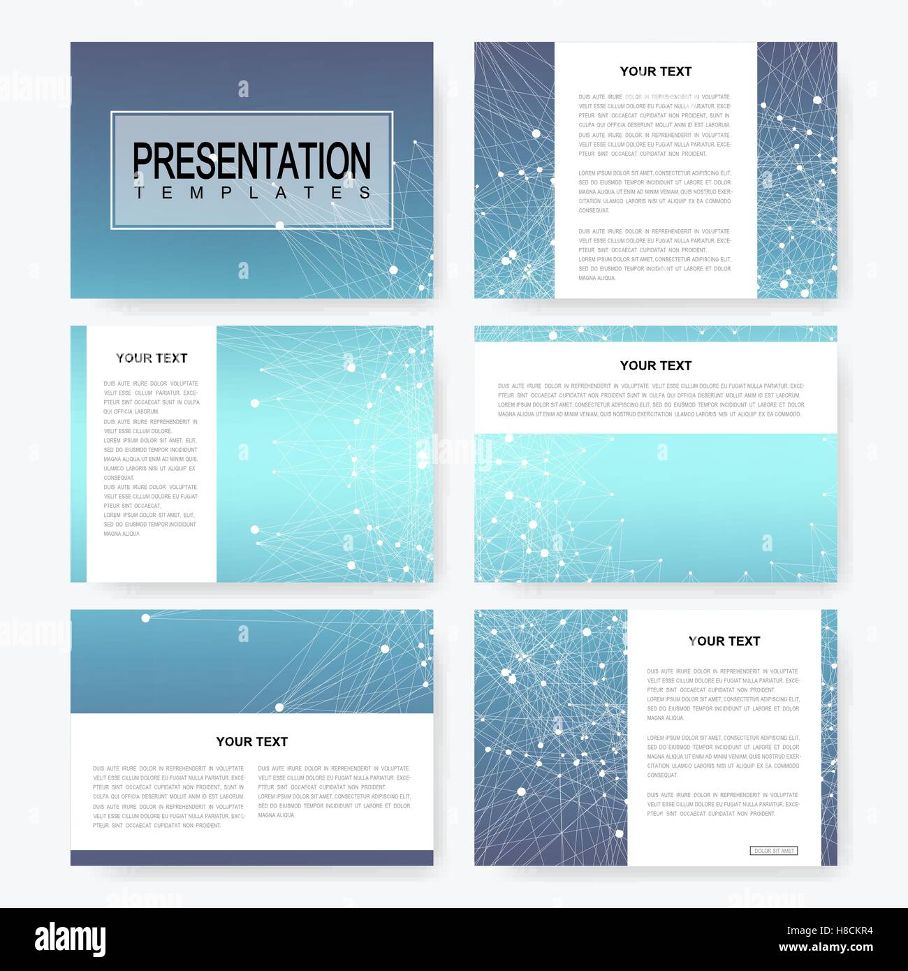 Set blu del vettore la presentazione di modelli con struttura di molecola. Business e progettazione scientifica per coprire la brochure depliant flyer marketing pubblicità. Illustrazione Vettoriale