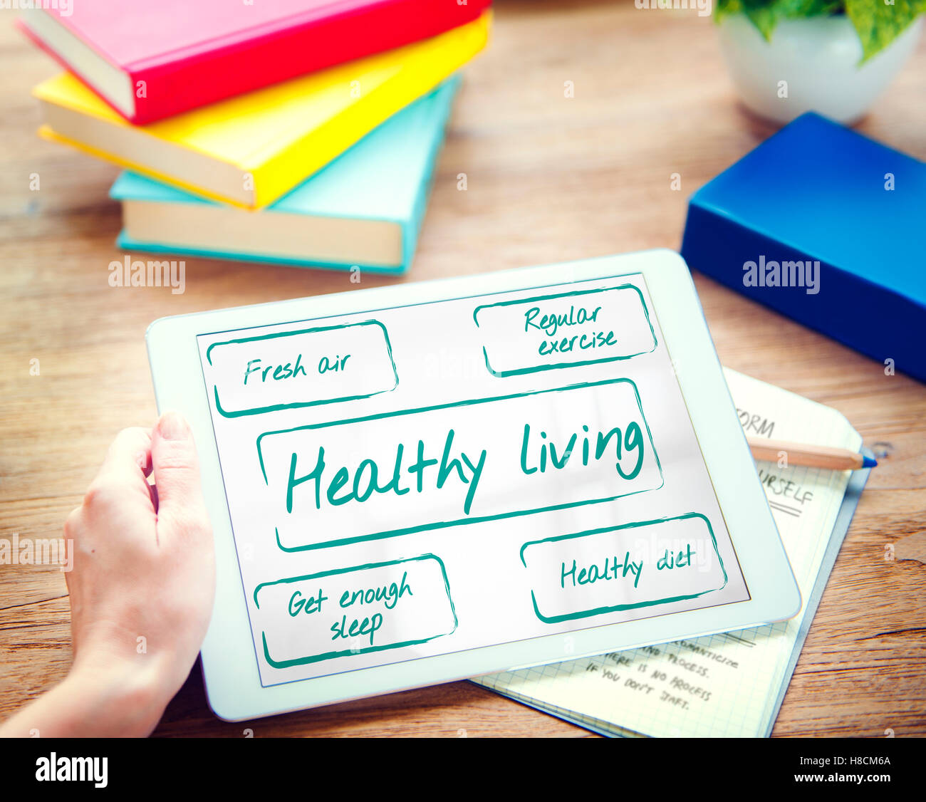 Uno stile di vita sano benessere dieta esercizio parole concetto grafico Foto Stock