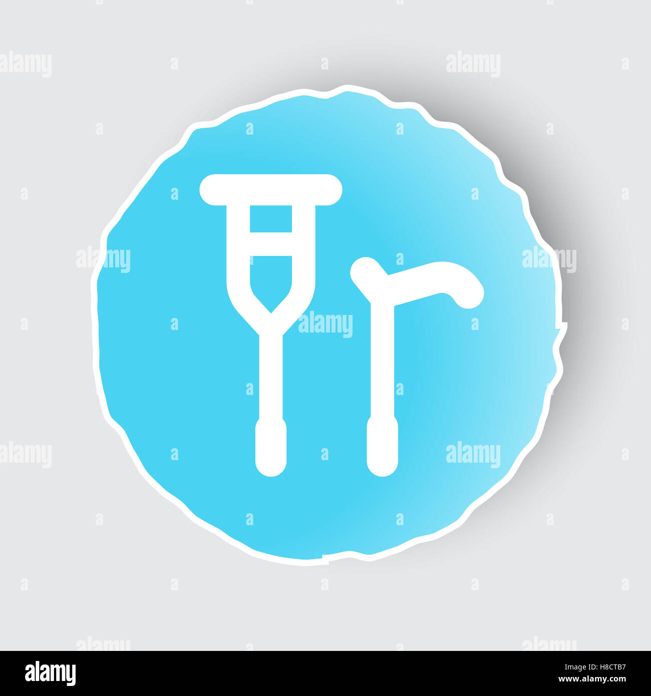 Blu pulsante app con stampella icona di canna sul bianco. Foto Stock