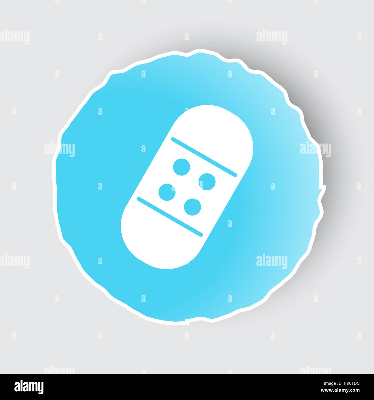 Blu pulsante app con bendaggio adesivo icona sul bianco. Foto Stock