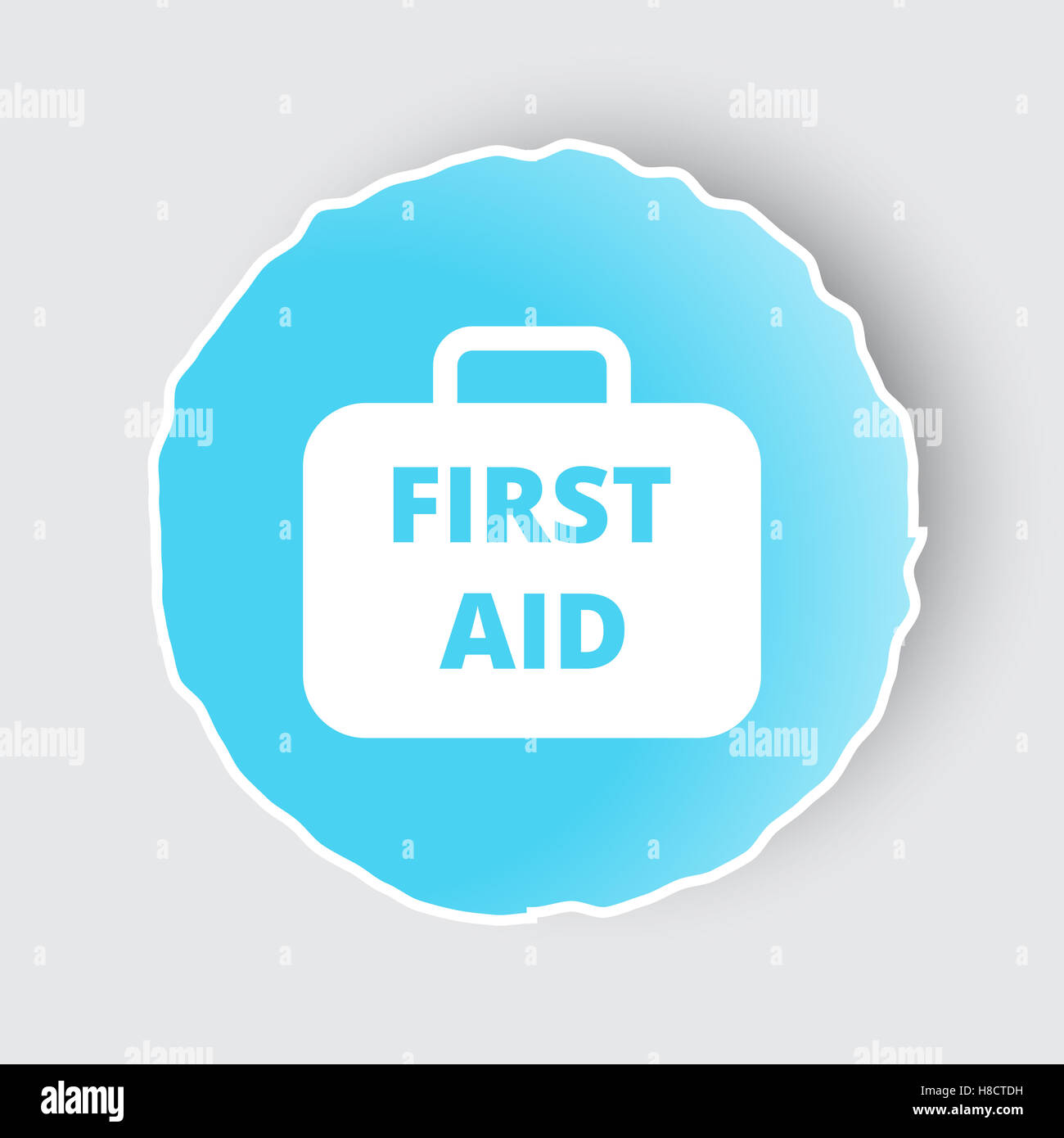 Blu pulsante app con Kit di primo soccorso icona sul bianco. Foto Stock