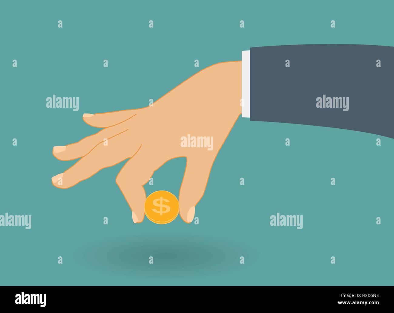 Mette mano moneta in oro - contributo al futuro. Vector Illust Illustrazione Vettoriale