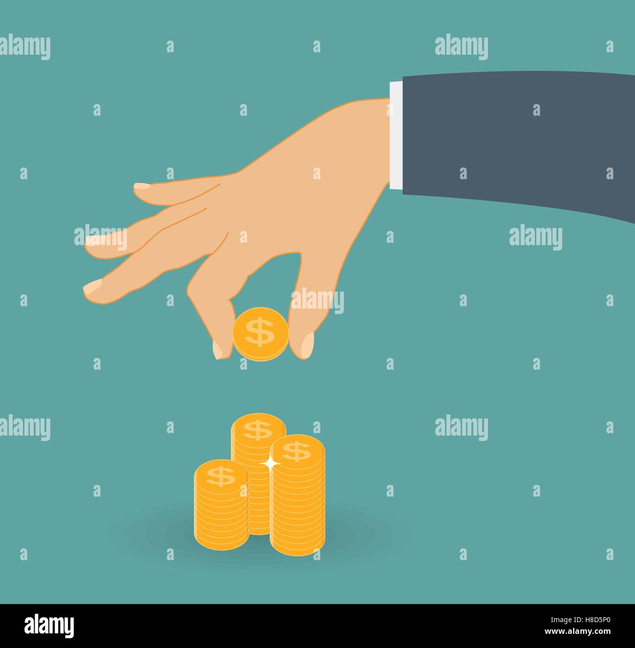 Mette mano moneta in oro - contributo al futuro. Vector Illust Illustrazione Vettoriale