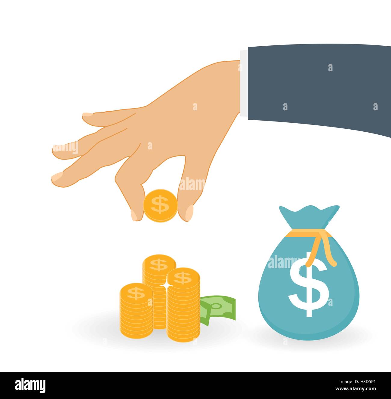 Mette mano moneta in oro - contributo al futuro. Vector Illust Illustrazione Vettoriale