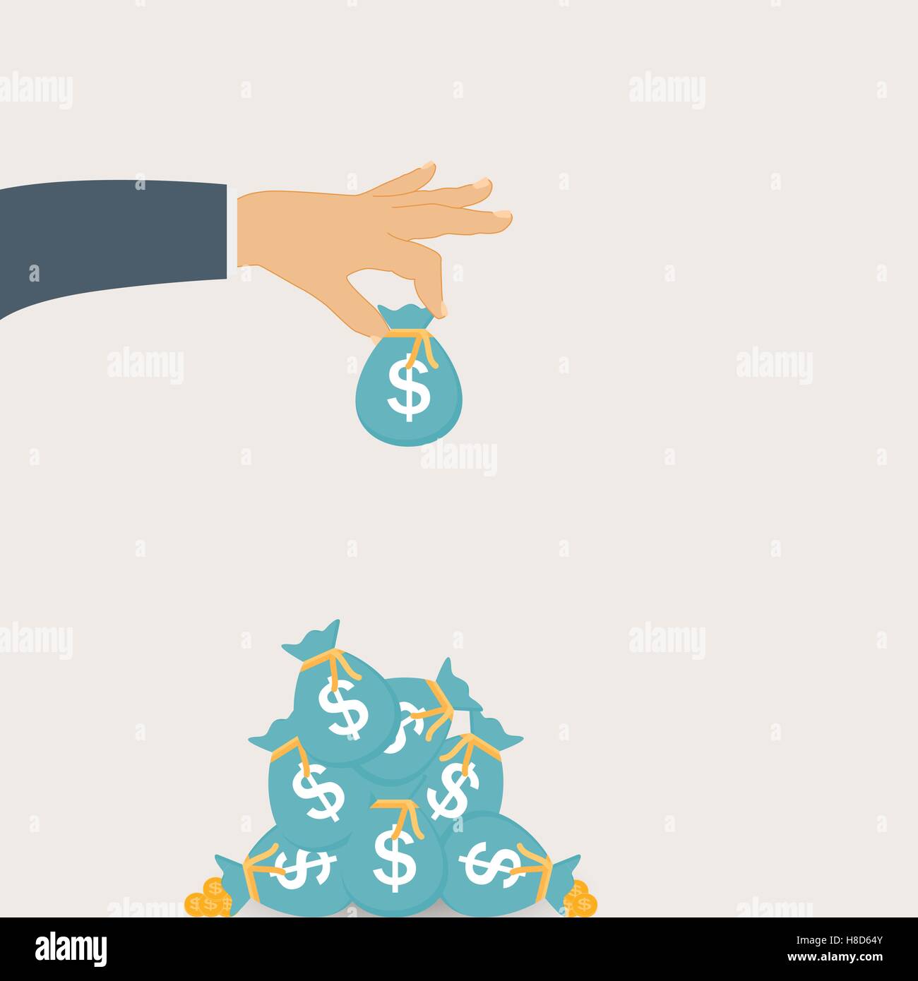 Mette mano alla sacca di monete d'Oro - contributo al futuro. Vettore Illustrazione Vettoriale
