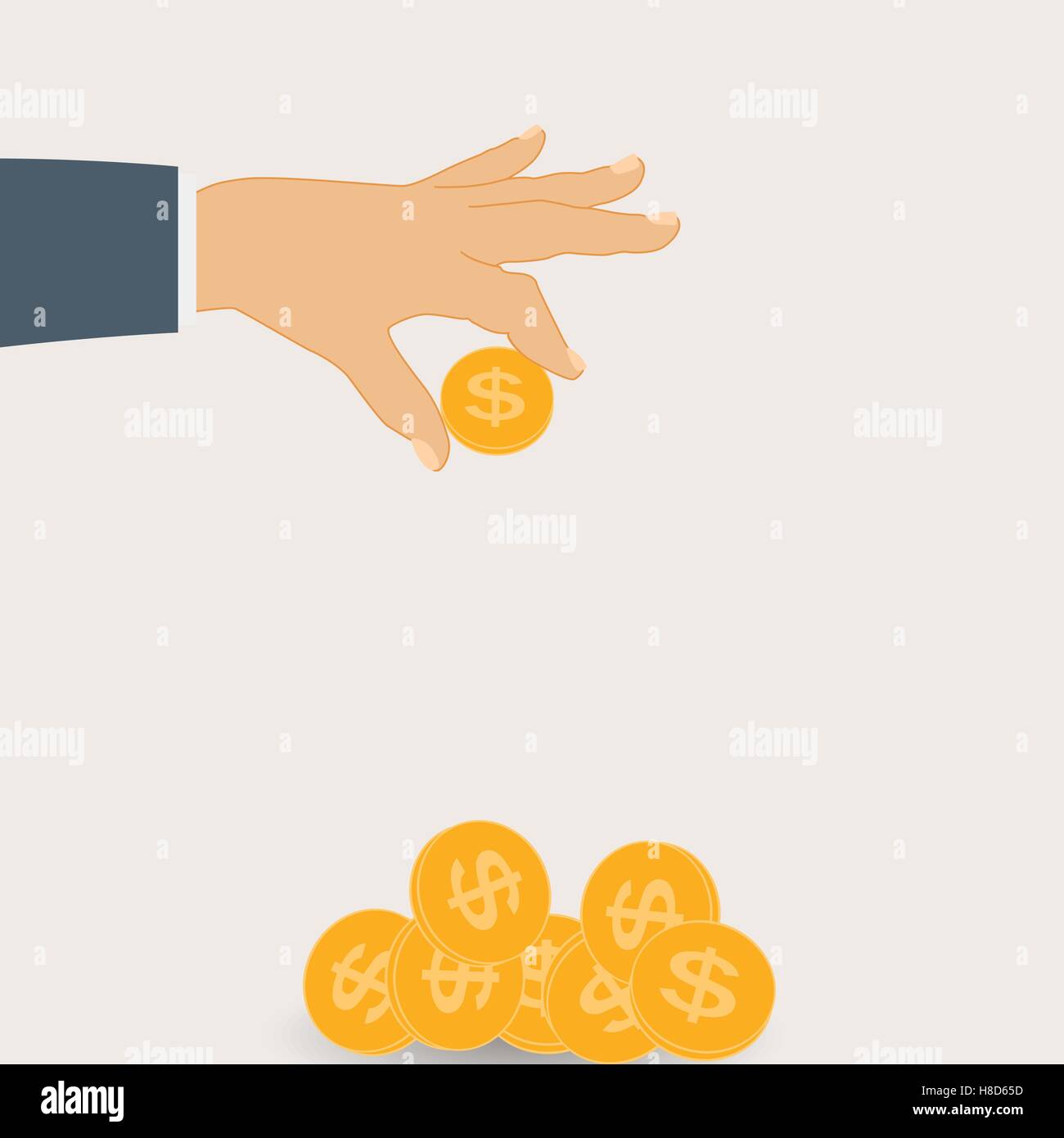 Mette mano moneta in oro - contributo al futuro. Vector Illust Illustrazione Vettoriale