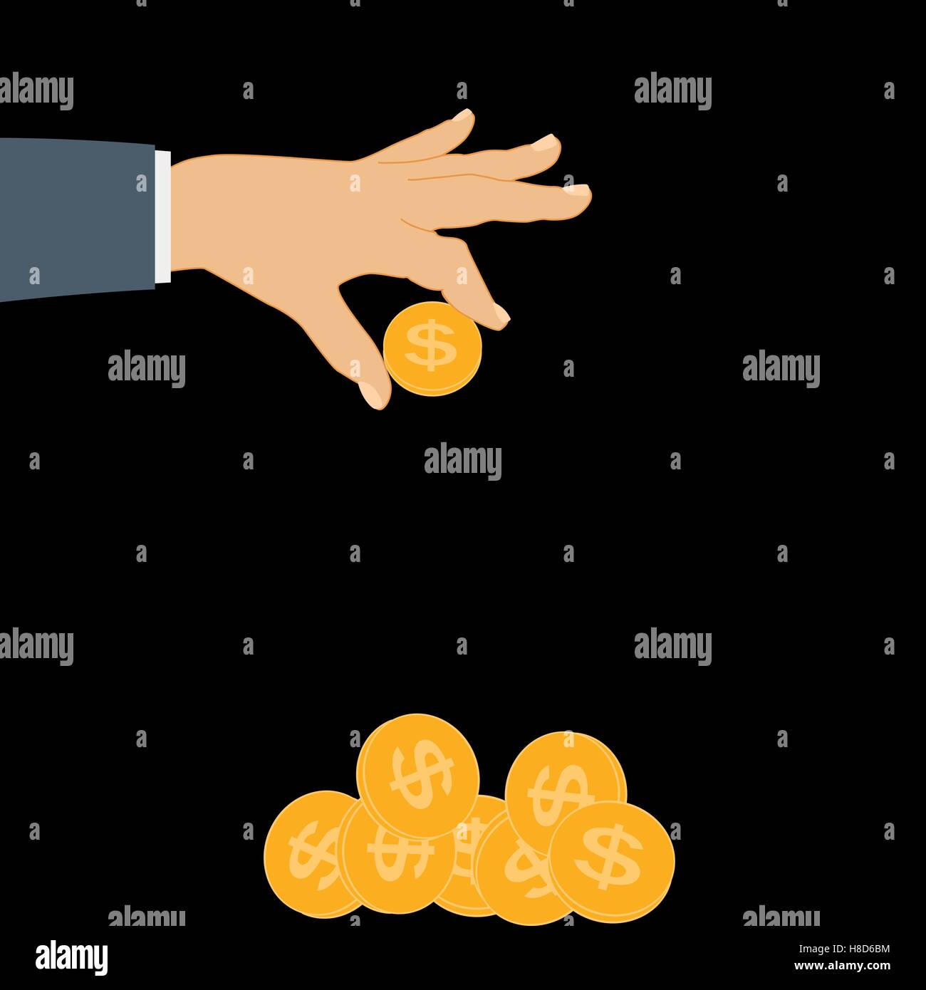 Mette mano moneta in oro - contributo al futuro. Vector Illust Illustrazione Vettoriale