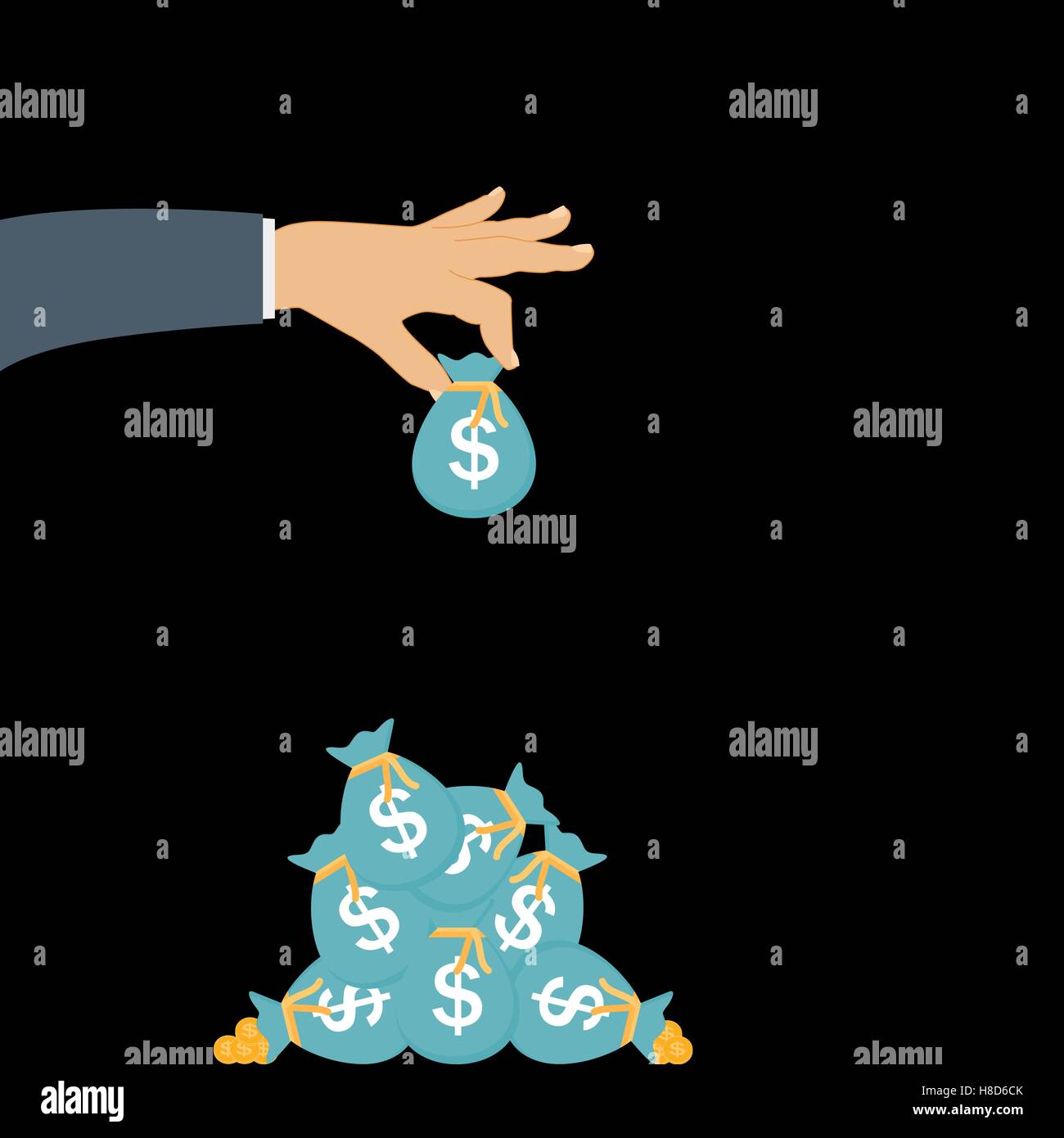 Mette mano alla sacca di monete d'Oro - contributo al futuro. Vettore Illustrazione Vettoriale