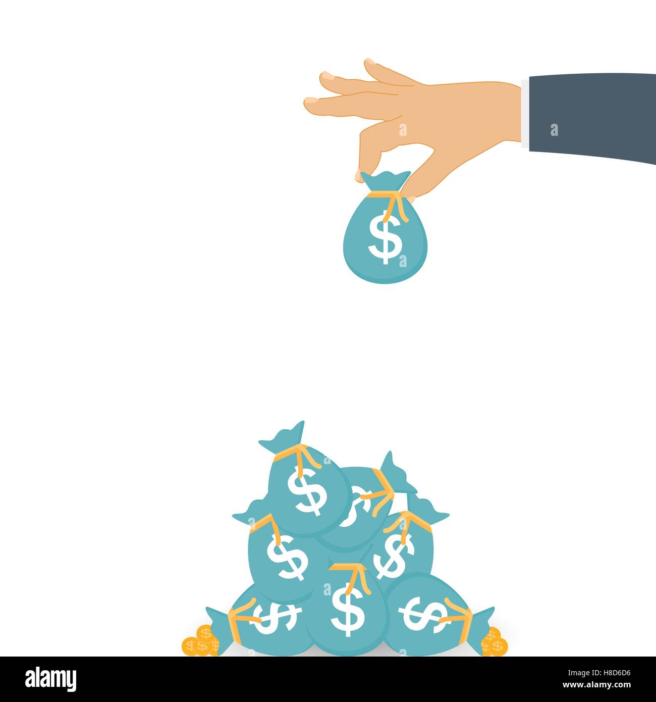 Mette mano alla sacca di monete d'Oro - contributo al futuro. Vettore Illustrazione Vettoriale