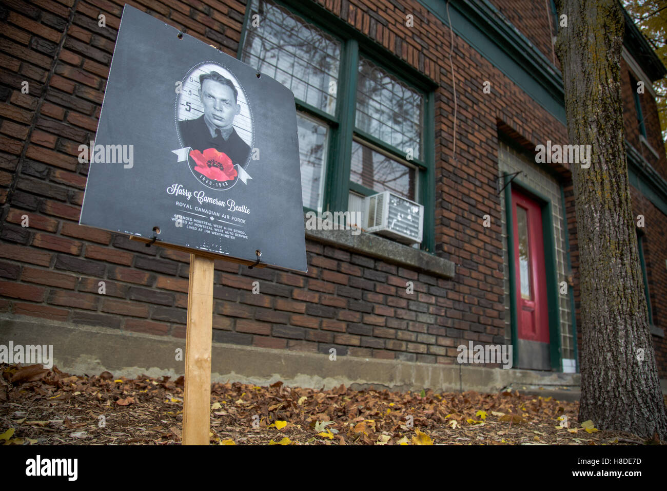 Montreal, Canada, 10 novembre 2016. Il quartiere di West Montreal in Canada ha ricordato quelli caduti nel corso della Seconda Guerra Mondiale ponendo i ritratti di ex soldati vicino le case hanno usato per vivere. Credito: Cristian Mijea/Alamy Live News Foto Stock