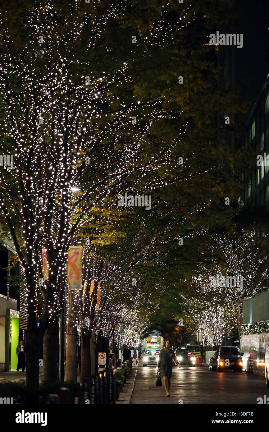 Tokyo, Giappone. Decimo Nov, 2016. Strada alberata è illuminato con lampadine a LED in corrispondenza della zona di Marunouchi a Tokyo il giovedì, 10 novembre 2016. L'area di Marunouchi iniziato l'illuminazione e la decorazione con motivo di danza del balletto di Ciaikovskij "schiaccianoci" attraverso il giorno di Natale. © Yoshio Tsunoda/AFLO/Alamy Live News Foto Stock