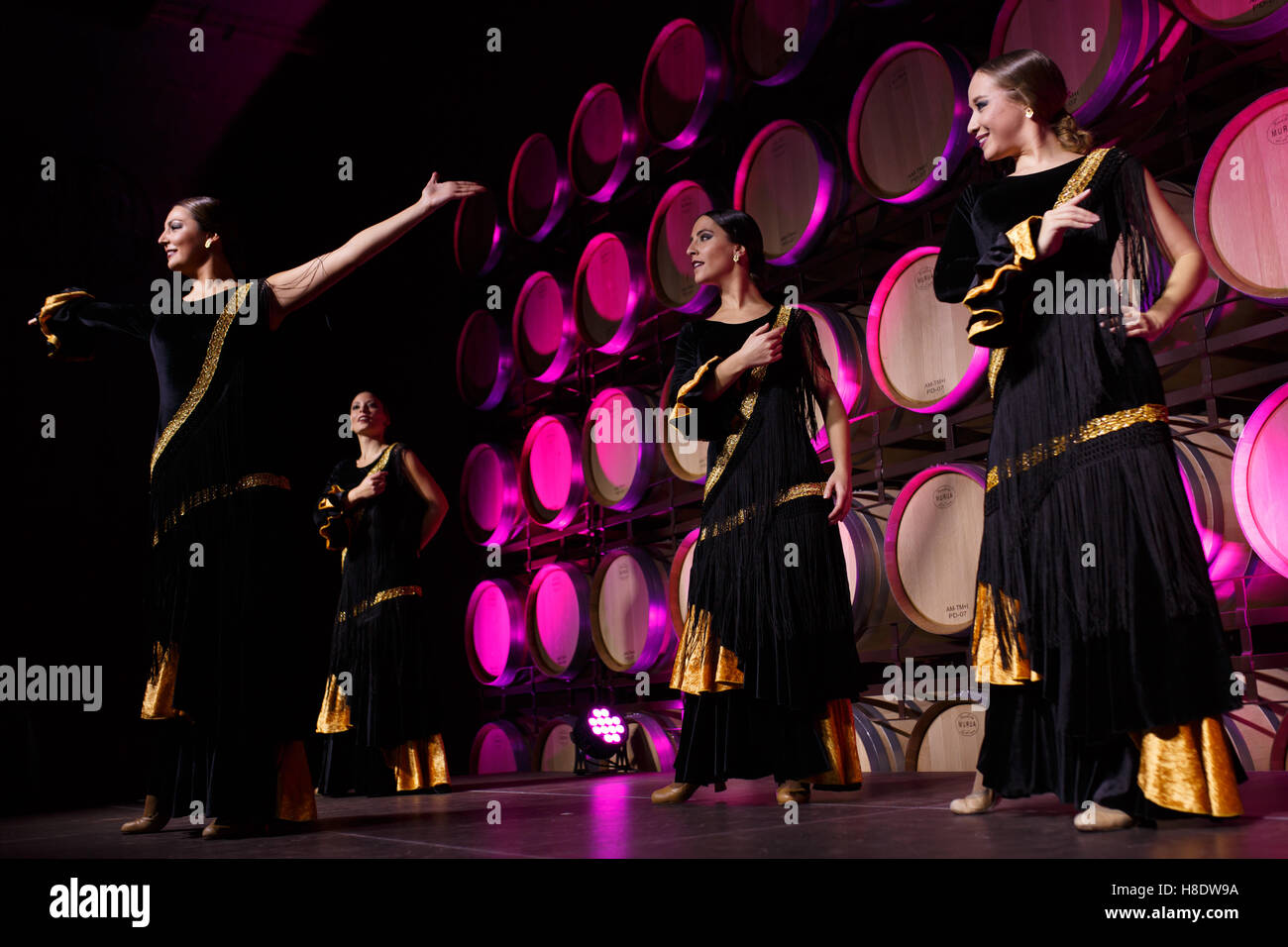 Morales de Toro, Zamora, Spagna. Xi Nov, 2016. Il museo del vino Pagos del Rey ha celebrato la Giornata Europea del Turismo del Vino con uno spettacolo di danza spagnola Vinum, un lavoro di Arvine Danza, un viaggio emotivo attraverso il processo di vinificazione, con i ballerini Nereida Garrotta, Elysa Lopez, Leticia Prieto e Lara Simon. © Manuel Balles/ZUMA filo/Alamy Live News Foto Stock