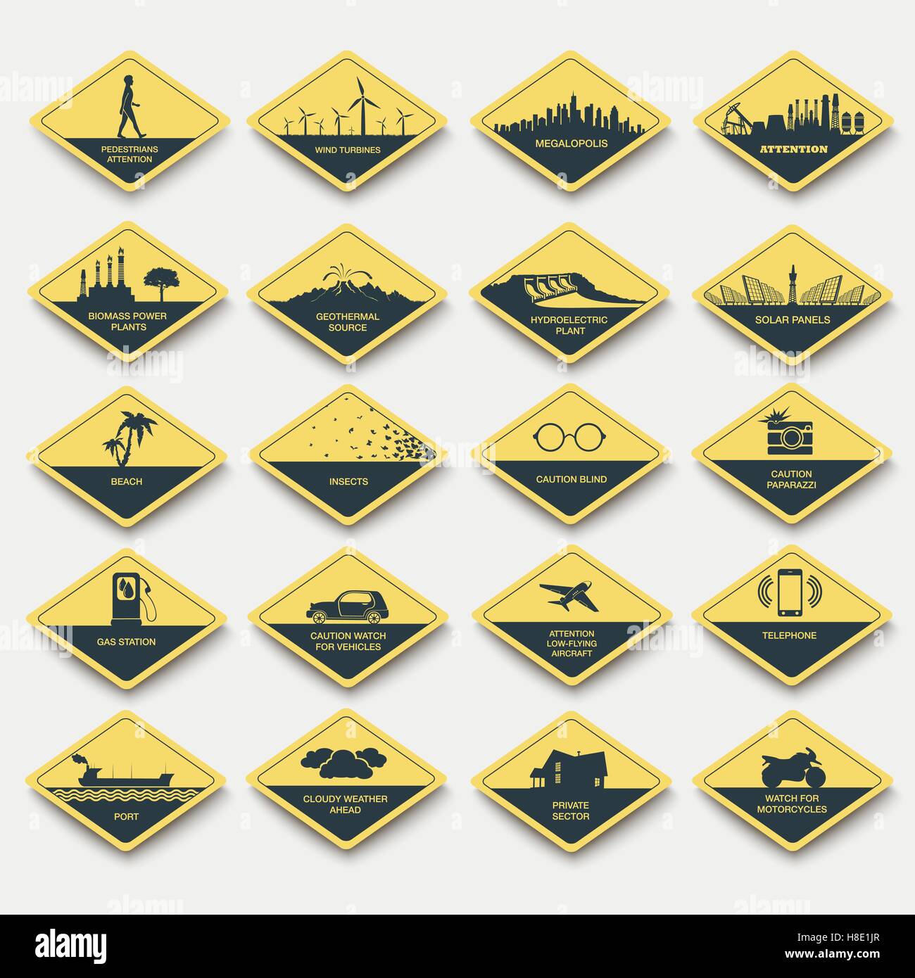 Serie di segni di attenzione, avvertenza e pericolo. cartelli stradali  rombo giallo Immagine e Vettoriale - Alamy