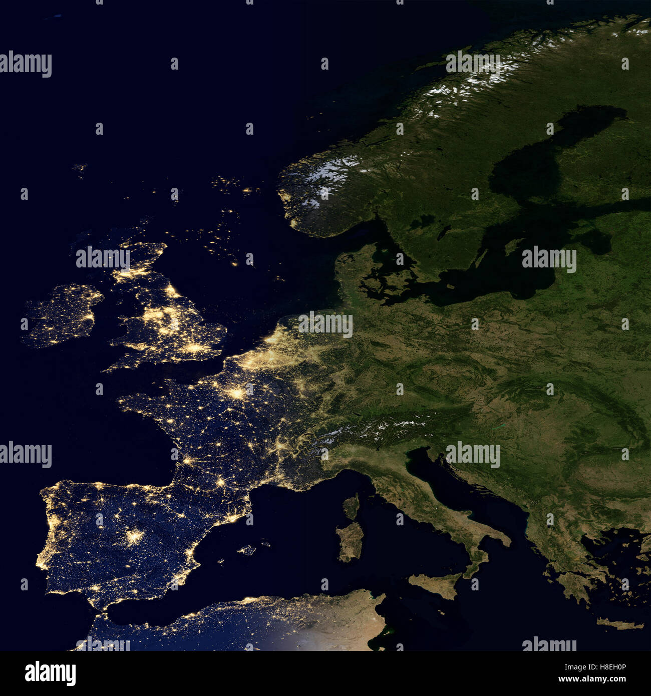 Luci della città sulla mappa del mondo. L'Europa. Foto Stock