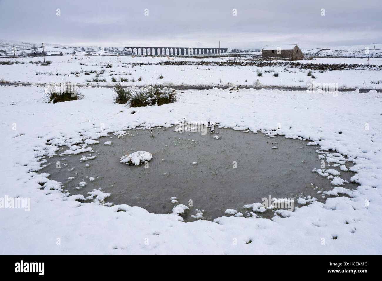 Neve in Batty Moss viadotto sul Settle-Carlisle linea ferroviaria, Ribblehead, North Yorkshire. Foto Stock