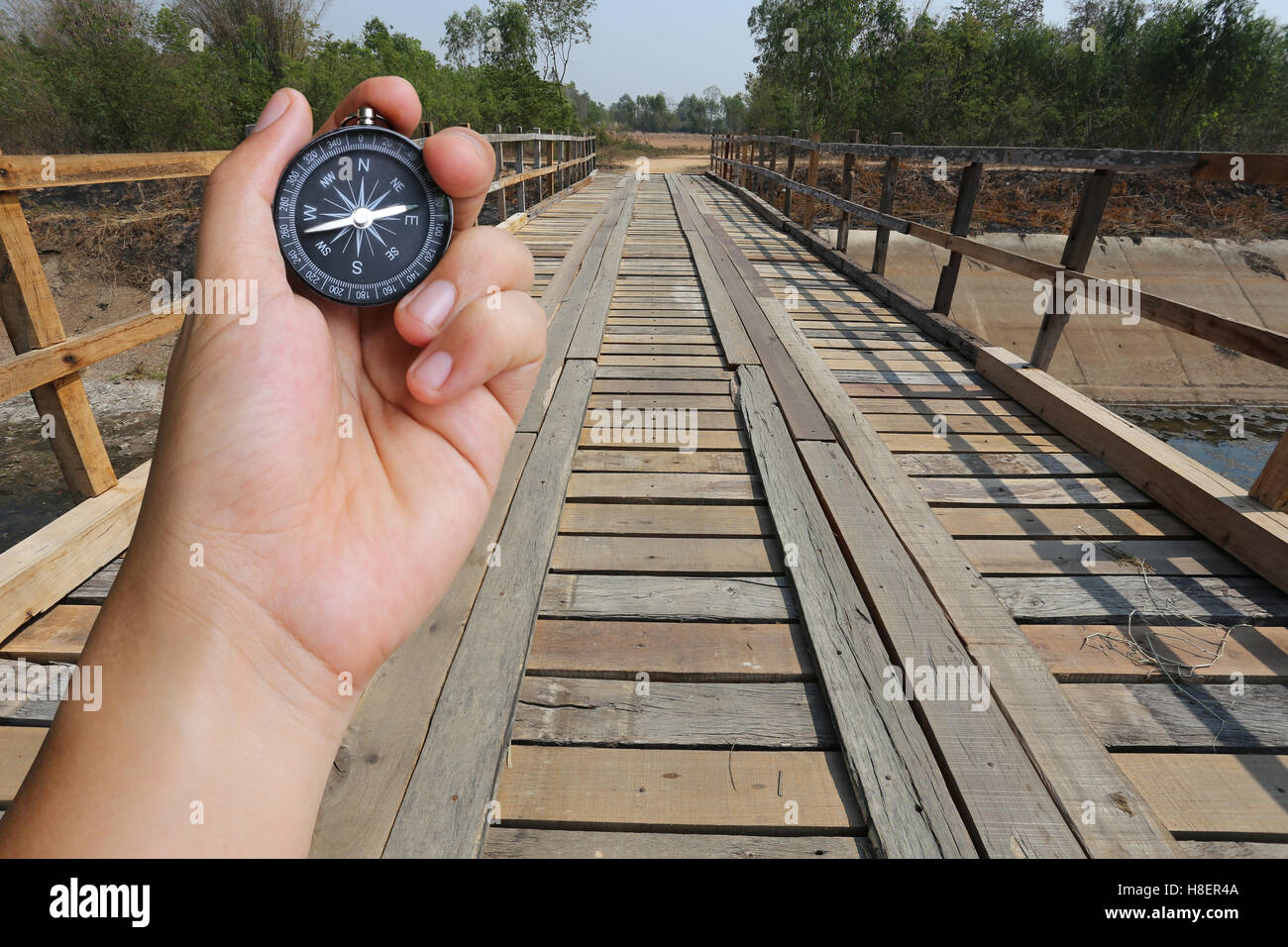 La mano di un uomo in possesso di una bussola e un ponte di legno in campagna,concetto di viaggio o di viaggio. Foto Stock