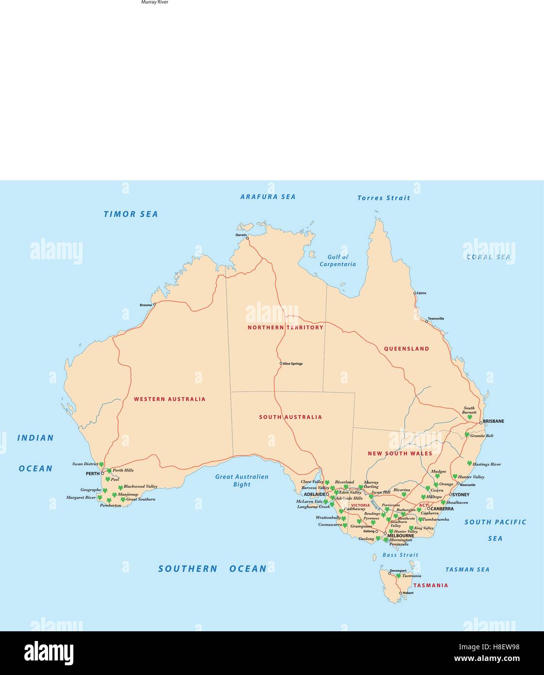Regioni di produzione di vino in Australia mappa Illustrazione Vettoriale