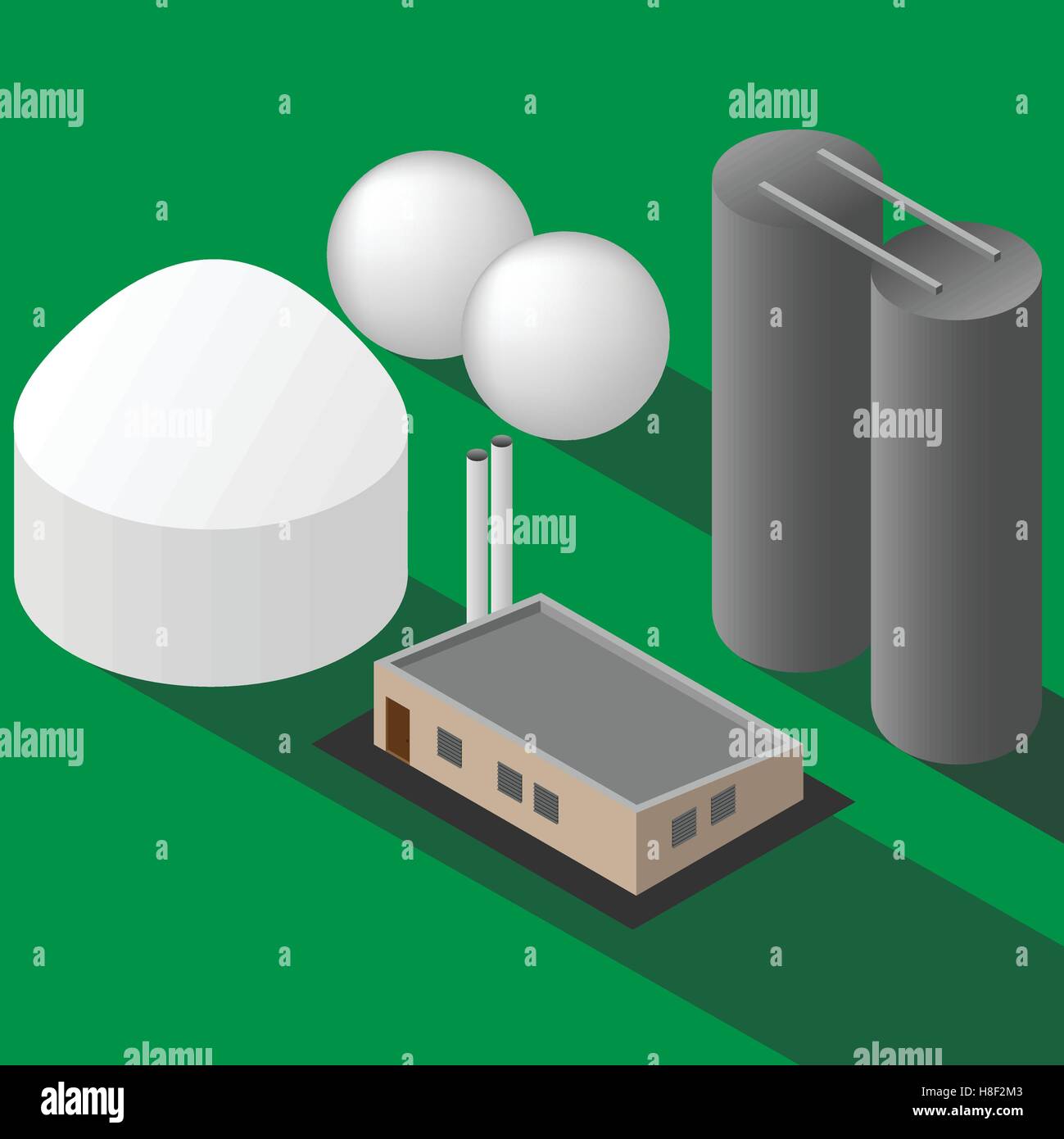 Impianto di produzione di biogas vettore isometrica su sfondo verde Illustrazione Vettoriale