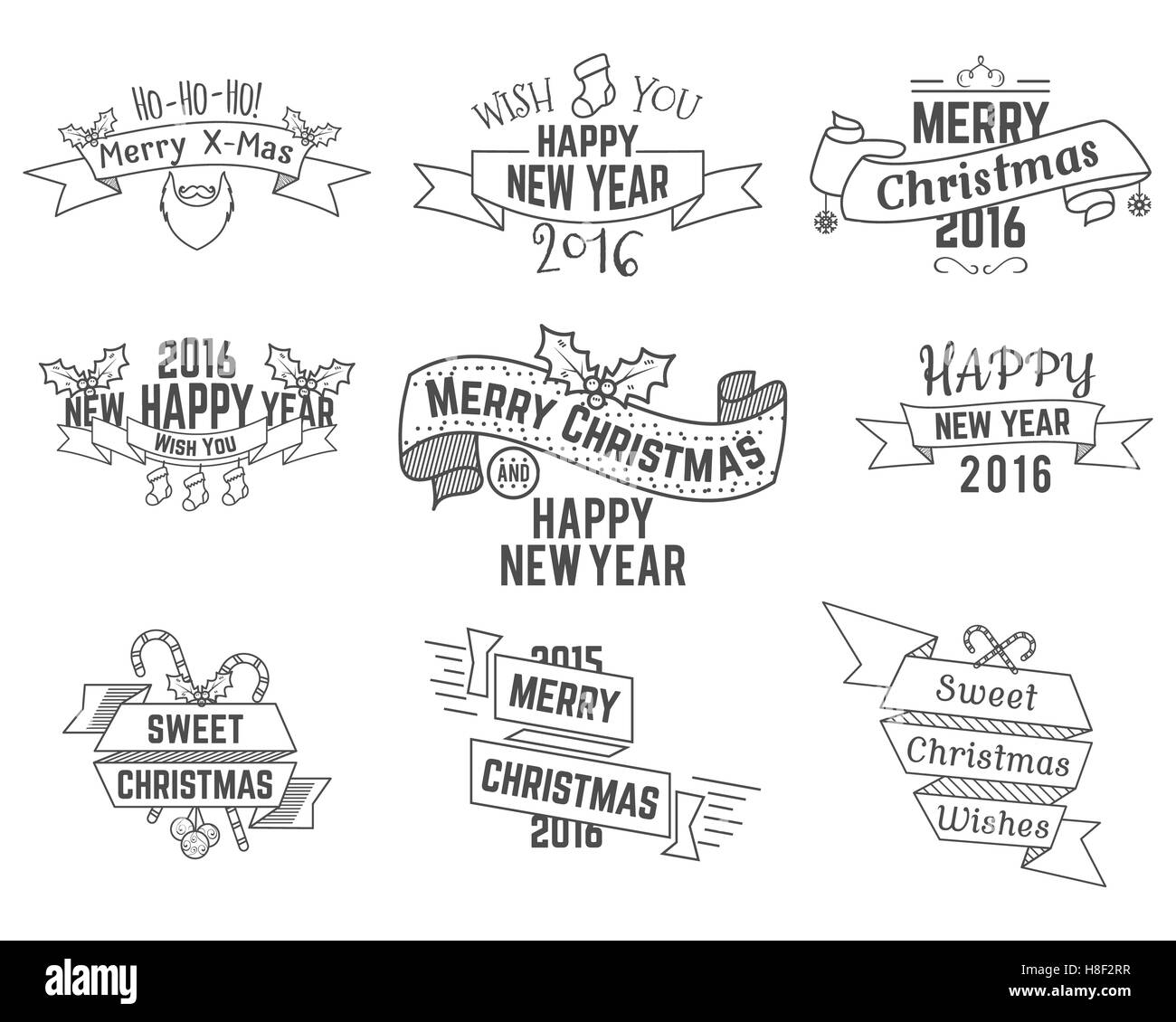 Natale e Anno Nuovo e auguri inverno collezione di nastri con simboli di vacanza, elementi per il web, ispirazione presentazione, app etc. Elegante design monocromatico. illustrazione Foto Stock
