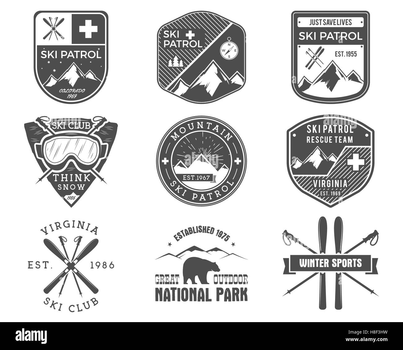 Set di Sci Club, il pattugliamento delle etichette. Vintage Mountain Sport invernali explorer badge. Outdoor adventure logo design. Viaggio disegnati a mano e hipster insegne monocromatica Snowboard icona simbolo deserto Foto Stock