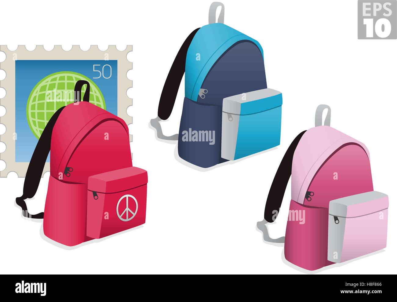 International backpacking, ragazzo zaino blu, ragazza rosa zaino e timbro postale. Illustrazione Vettoriale
