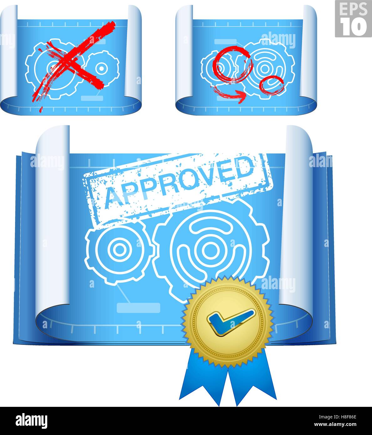 Progetto approvato, design vincente, del processo di progettazione, blueprint con ingranaggi, brevetti Illustrazione Vettoriale