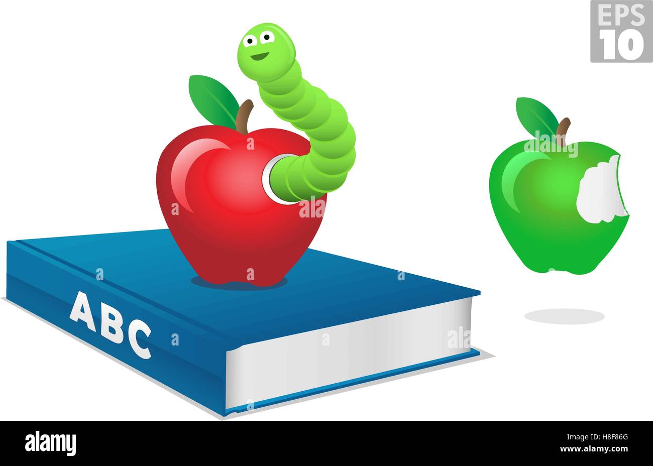 Bookworm, rosso apple, mela verde e libro di lettura Illustrazione Vettoriale