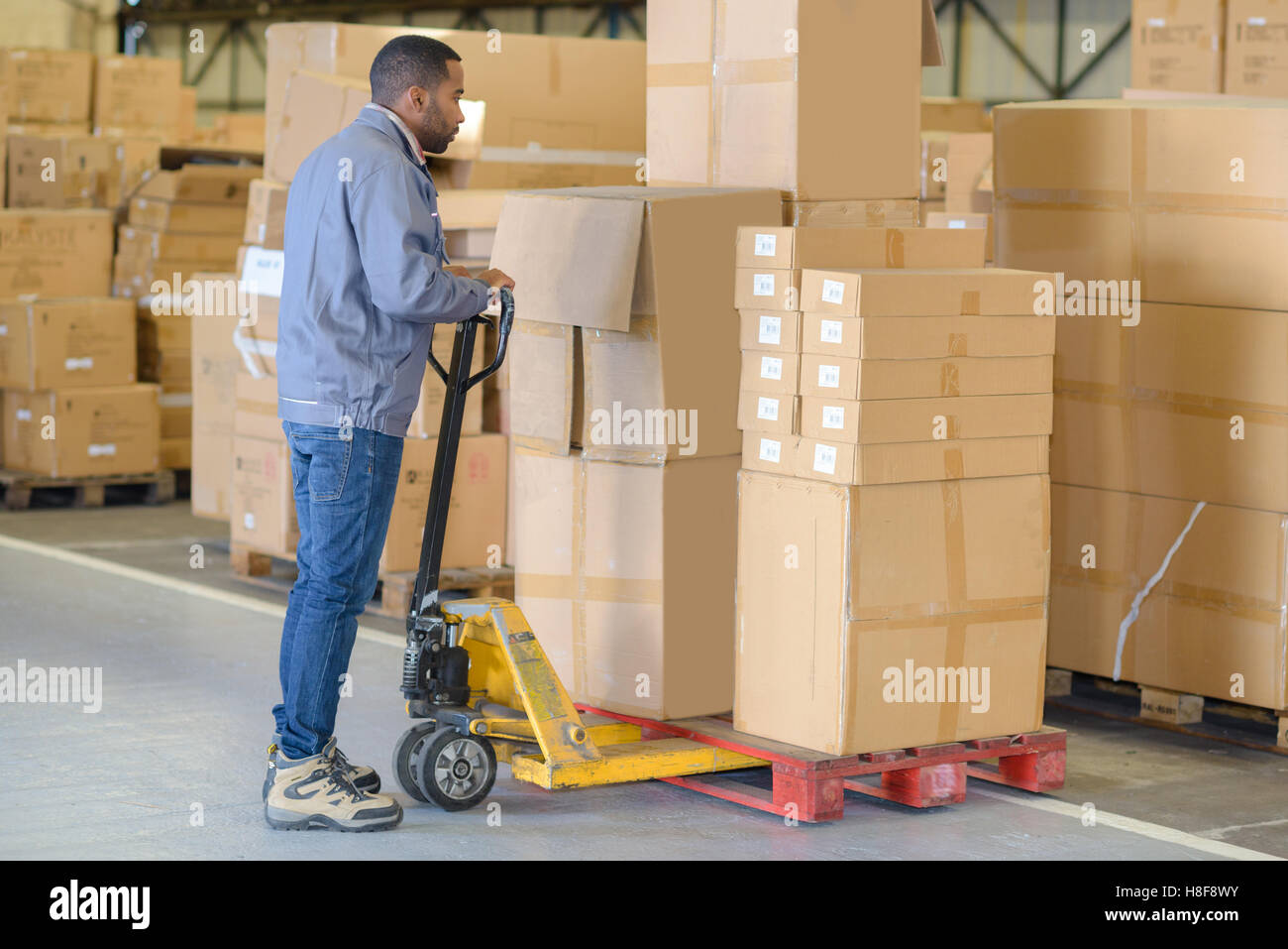 Uomo che utilizza il carrello per movimentazione pallet per spostare le scatole di cartone Foto Stock