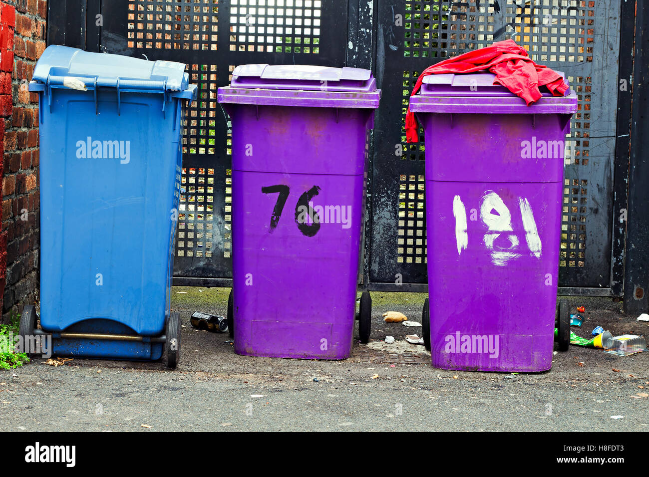 I rifiuti generici e rifiuti riciclabili scomparti wheelie alla fine di un vicolo in Liverpool Regno Unito Foto Stock