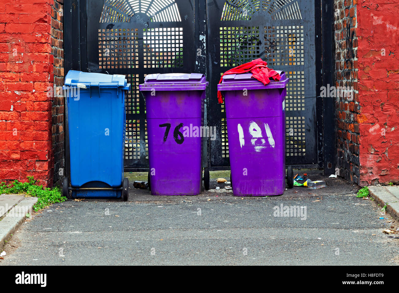 I rifiuti generici e rifiuti riciclabili scomparti wheelie alla fine di un vicolo in Liverpool Regno Unito Foto Stock