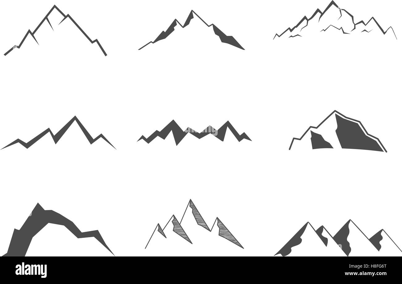 Set di elementi di montagna. Icona all'aperto. Disegnata a mano snow ice mountain top, simboli decorativi isolati. Li uso per camping logo, etichette di viaggio, alpinismo o escursionismo badge. Illustrazione Vettoriale. Illustrazione Vettoriale