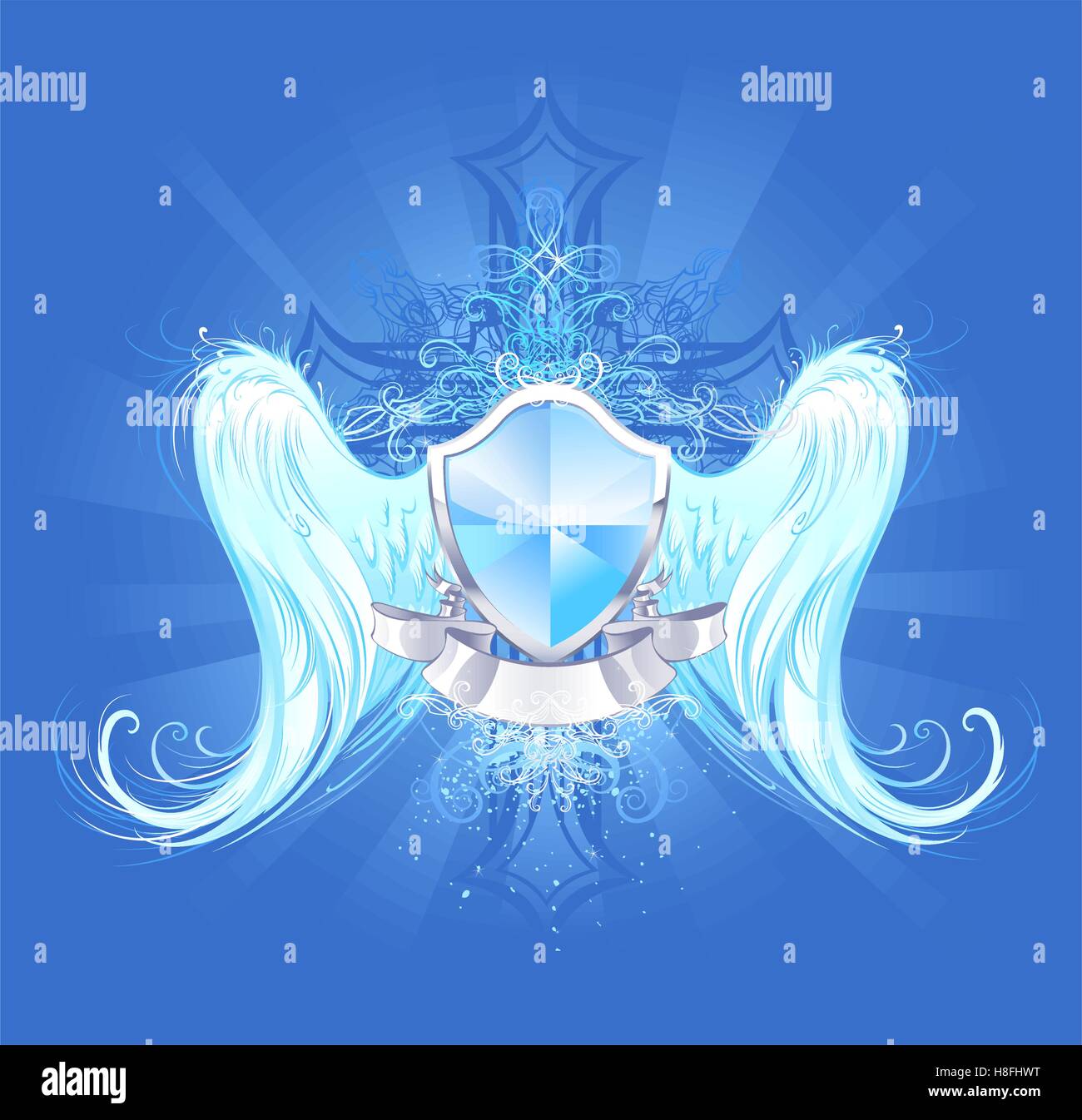 Crystal Blue Shield con il bianco angel wings artisticamente dipinte di blu brillante background, decorata con una croce Illustrazione Vettoriale