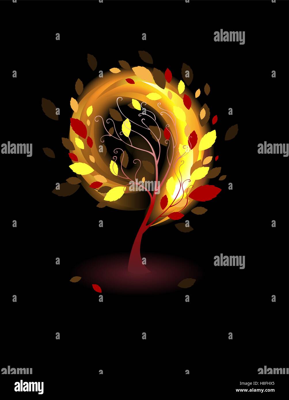 Autumn Tree con arancia e foglie rosse su uno sfondo nero. Illustrazione Vettoriale