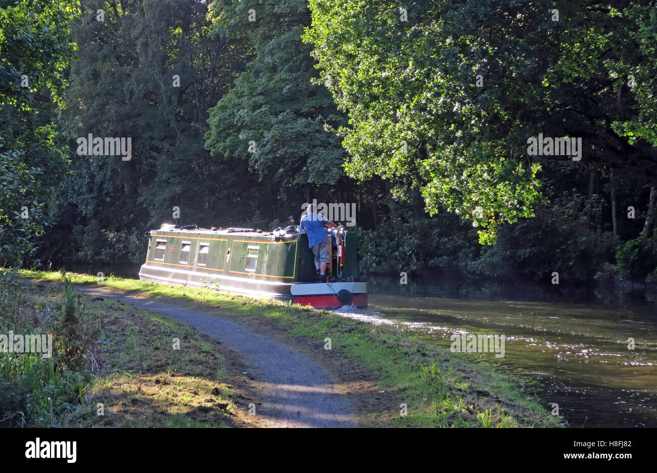 Narrowboat in distanza, Bridgewater Canal Runcorn d'estate,waterside, Cheshire, Inghilterra, Regno Unito Foto Stock