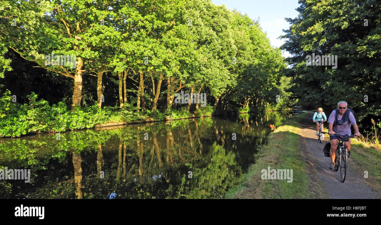 Bridgewater Canal Runcorn d'estate,waterside ciclisti, Cheshire, Inghilterra, Regno Unito Foto Stock