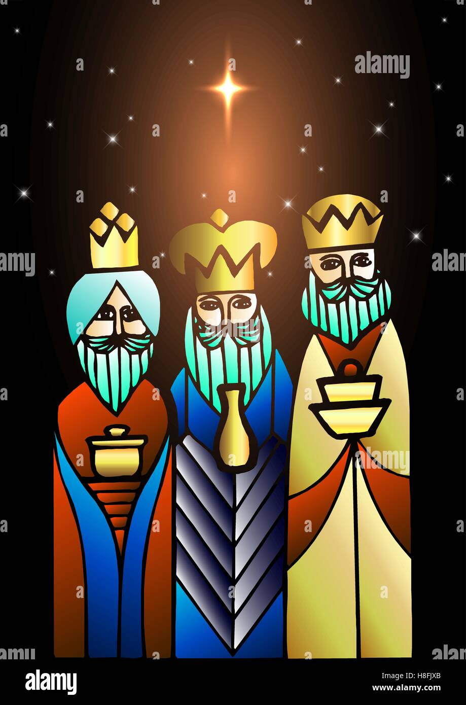 Biblica di Natale illustrazione vettoriale: tre saggi stanno visitando il nuovo re di Gerusalemme Gesù Cristo. Illustrazione Vettoriale