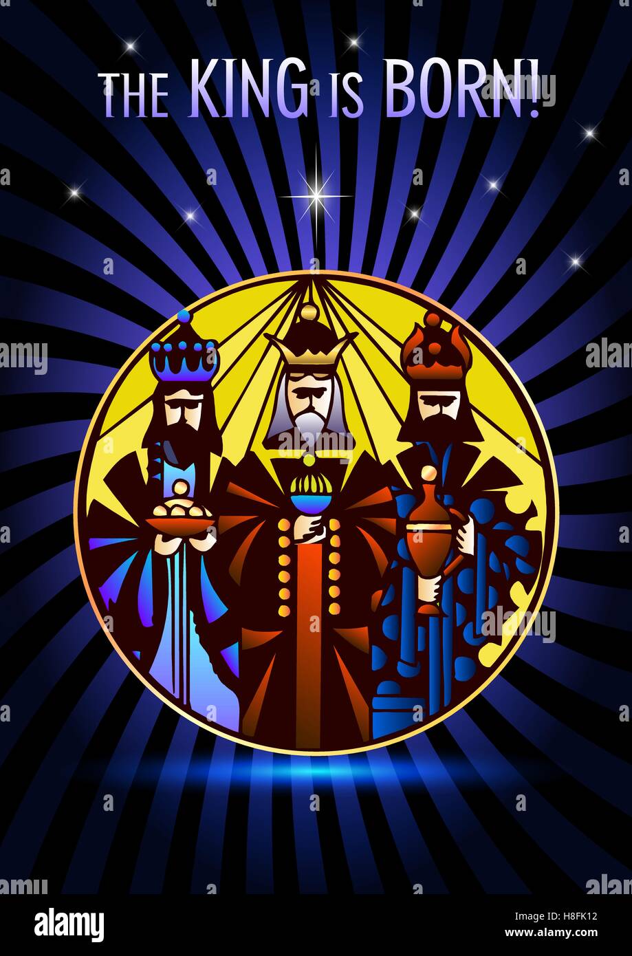 Biblica di Natale illustrazione vettoriale: tre saggi stanno visitando il nuovo re di Gerusalemme Gesù Cristo. Illustrazione Vettoriale