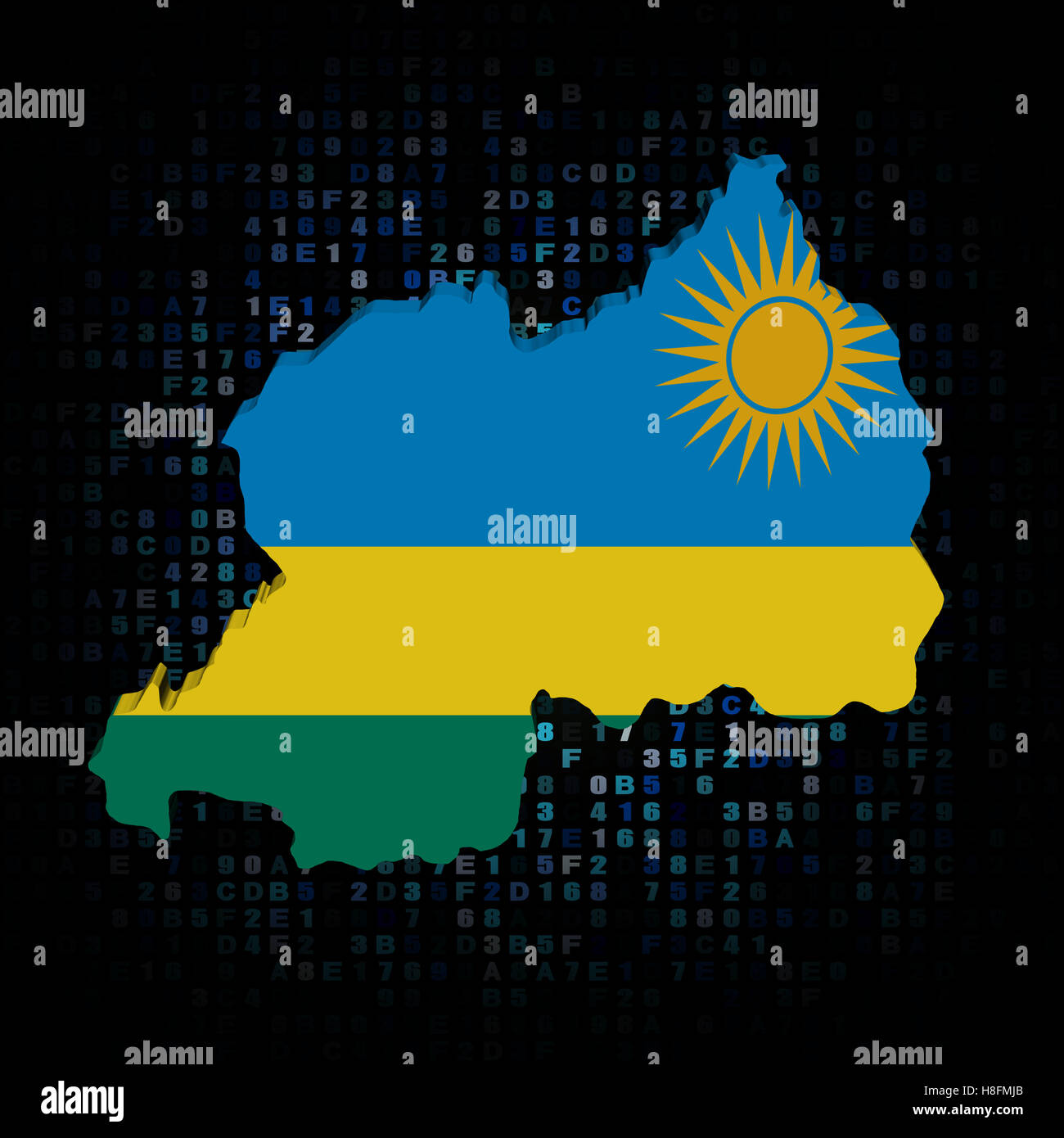 Mappa di Ruanda bandiera sul codice esadecimale illustrazione Foto Stock