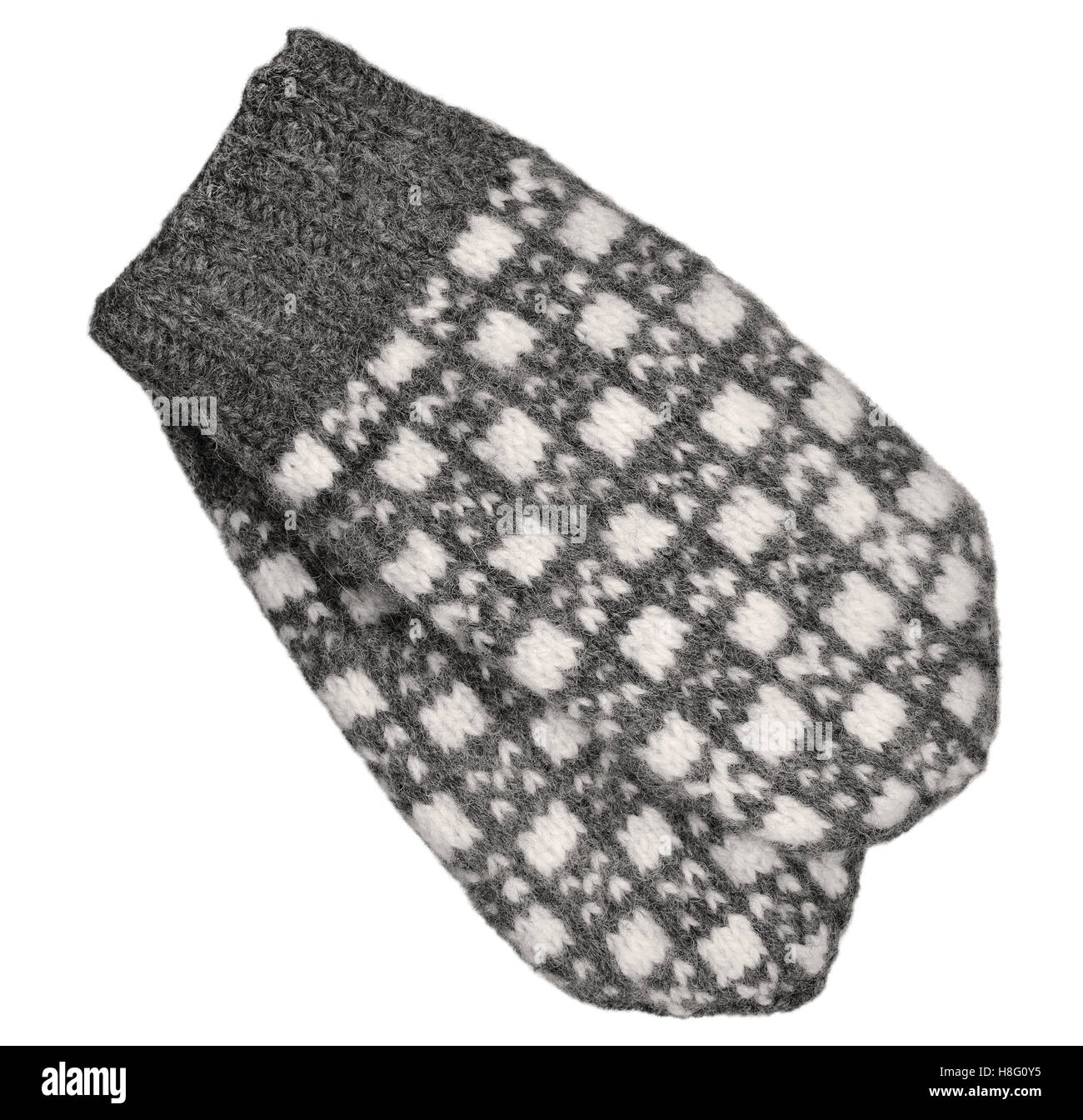 Mitten grigio coppia isolata, bianco grigio testurizzato guanti di lana pattern, a maglia di lana caldo inverno guanti senza dita dettaglio, grandi Foto Stock