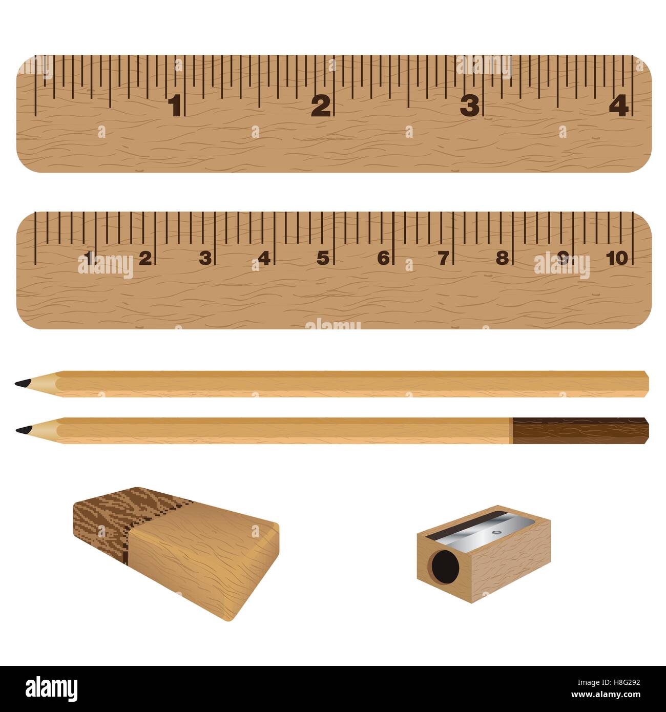 Sharpener, matita, eraser, righello, scala, scuola, il centimetro, educazione, attrezzature, illustrazione, pollice quadro, isolato Illustrazione Vettoriale