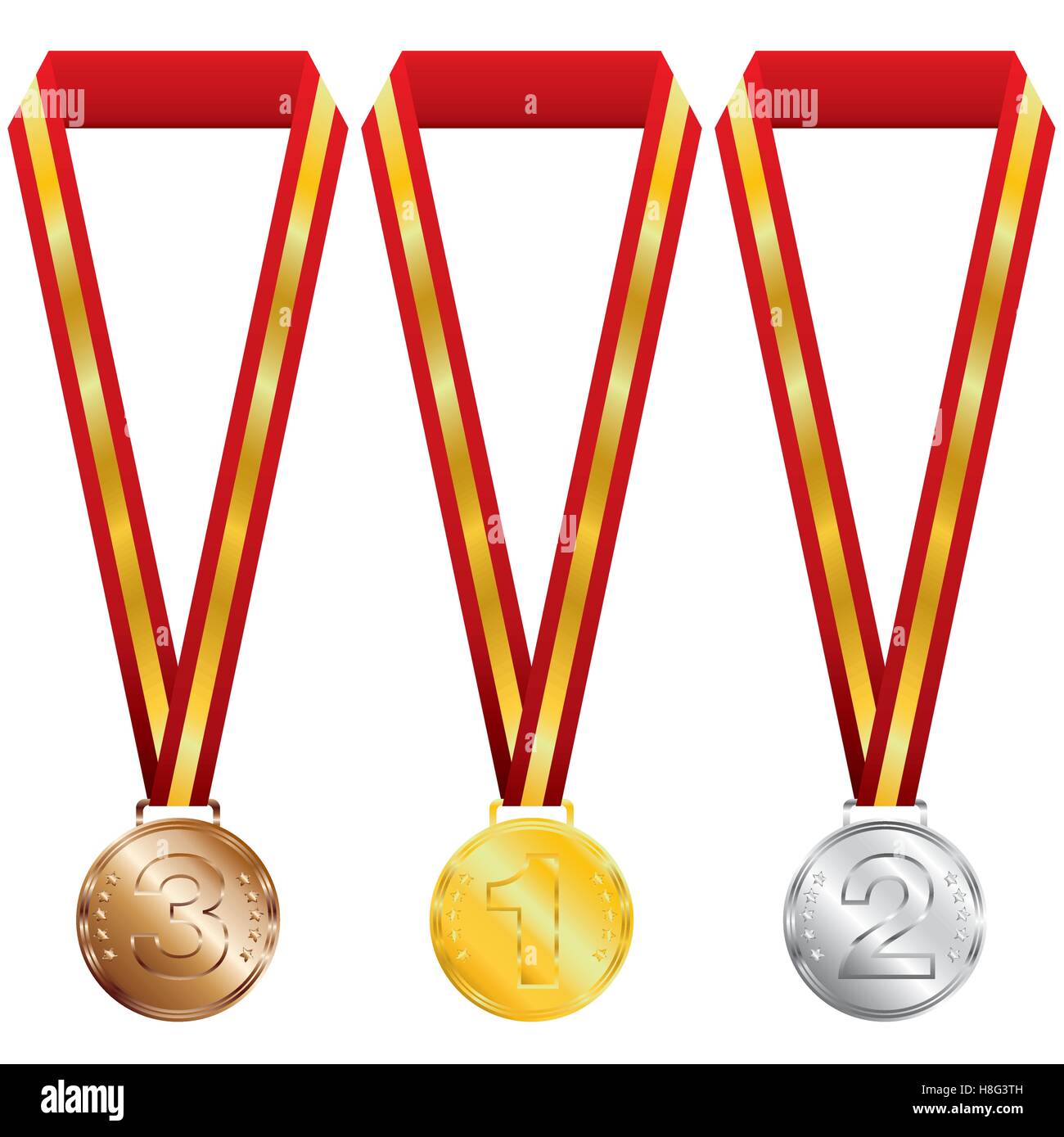 Medaglia, oro, argento, bronzo, illustrazione, isolato, icona, primo vettore, metallo, nastro, sport, sfondo bianco posto, piatto Illustrazione Vettoriale