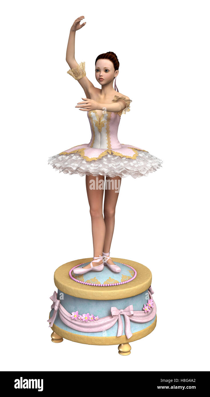 3D rendering di una bellissima femmina ballerina su un vintage music box isolati su sfondo bianco Foto Stock