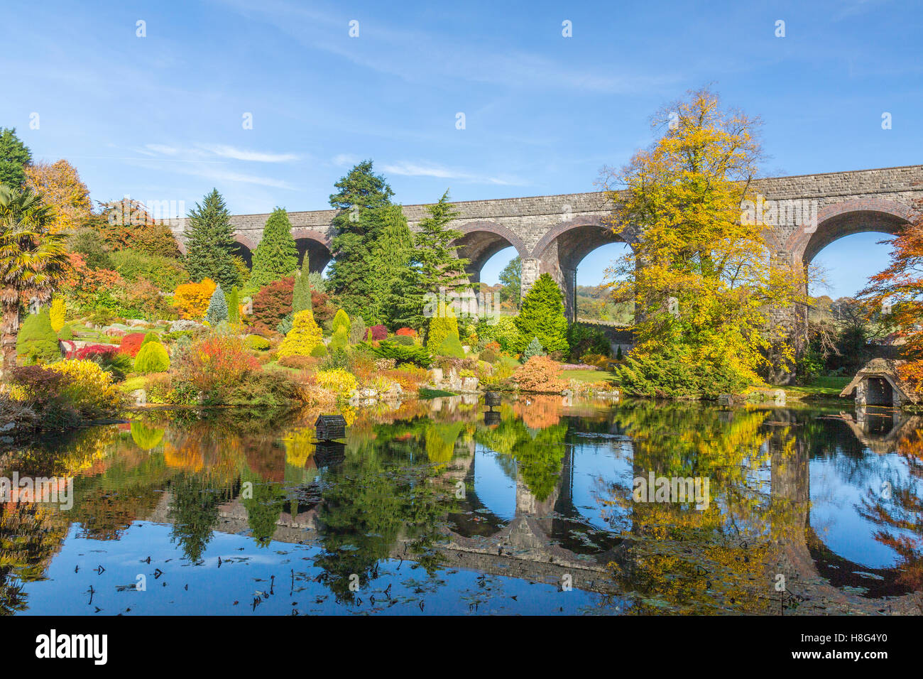 Spettacolare Colore di autunno riflessioni lungo il lago a Kilver giardini di corte, Shepton Mallet, Somerset, Inghilterra, Regno Unito Foto Stock