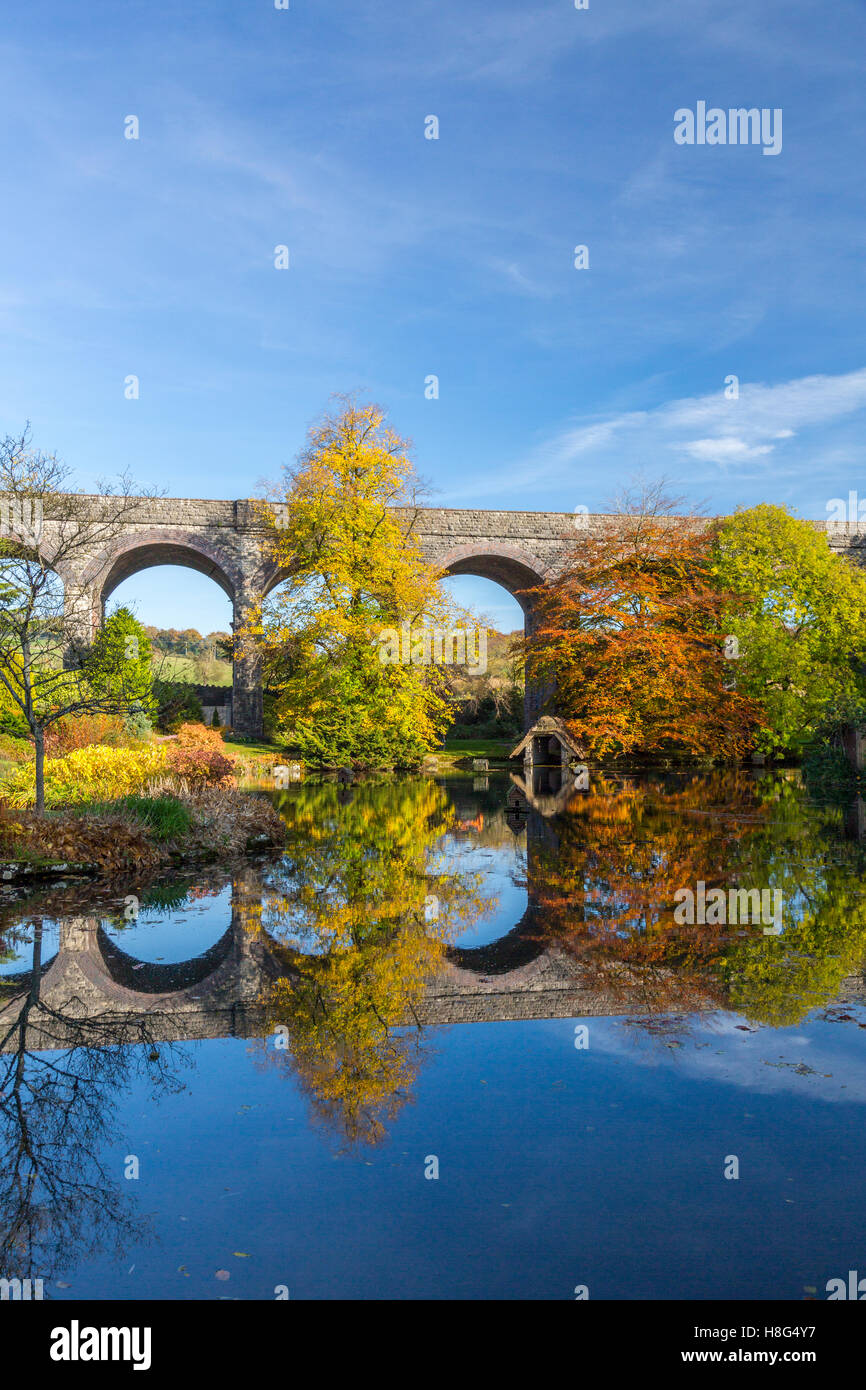Spettacolare Colore di autunno riflessioni lungo il lago a Kilver giardini di corte, Shepton Mallet, Somerset, Inghilterra, Regno Unito Foto Stock