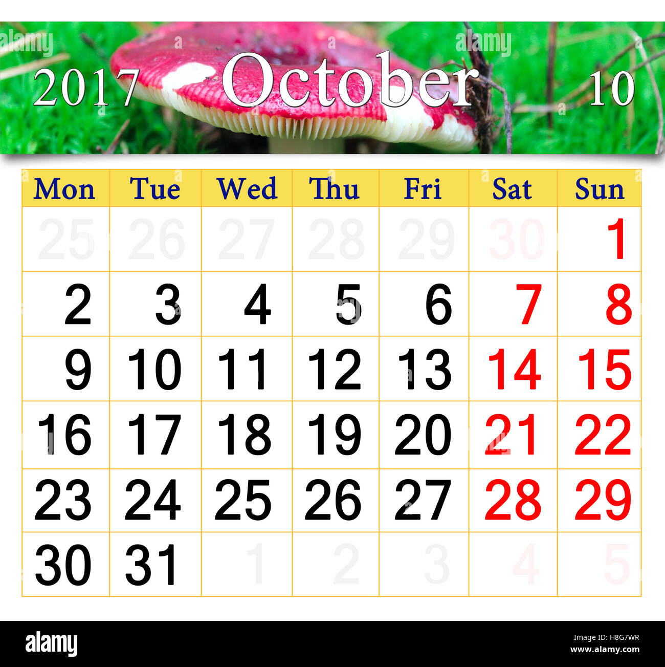 Calendario per il mese di ottobre 2017 con il nastro di un fungo russula Foto Stock