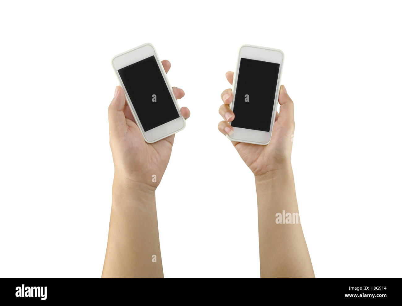 Lo smartphone bianco nella donna la mano e man mano isolati su sfondo bianco e sono tracciati di ritaglio per una facile installazione. Foto Stock