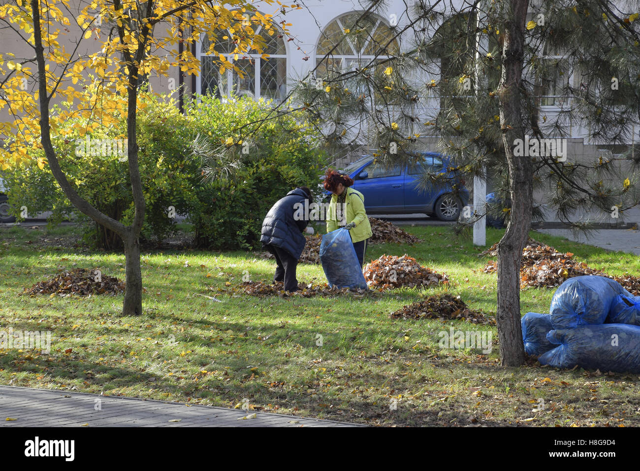 Slavyansk-na-Kubani, Russia - 9 Settembre 2016: i lavoratori del comune raccogliere foglie nel parco. Le donne di assistente sociale Foto Stock