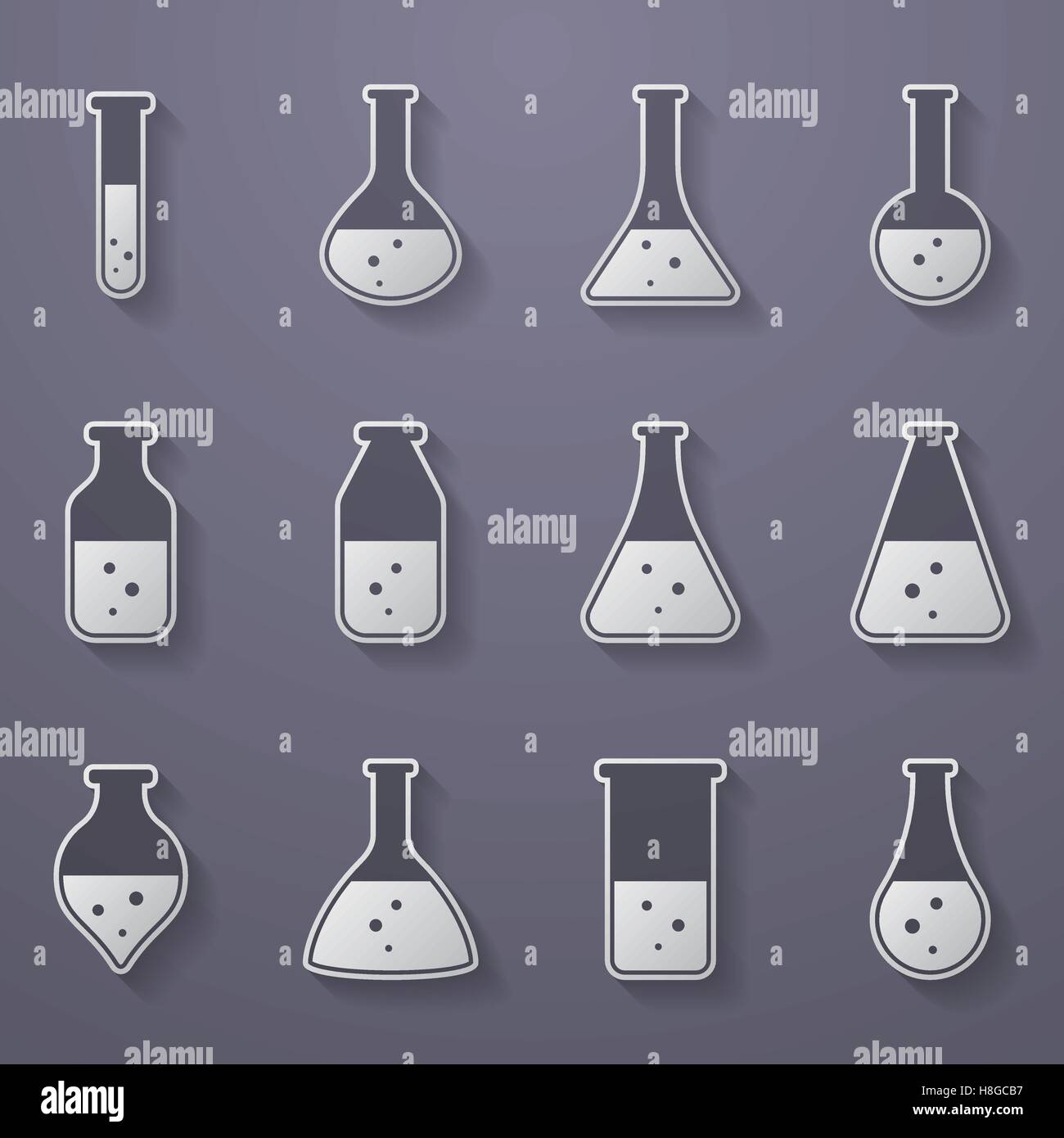 Chimica, scienza biologica attrezzature di laboratorio - provette e matracci icone Illustrazione Vettoriale