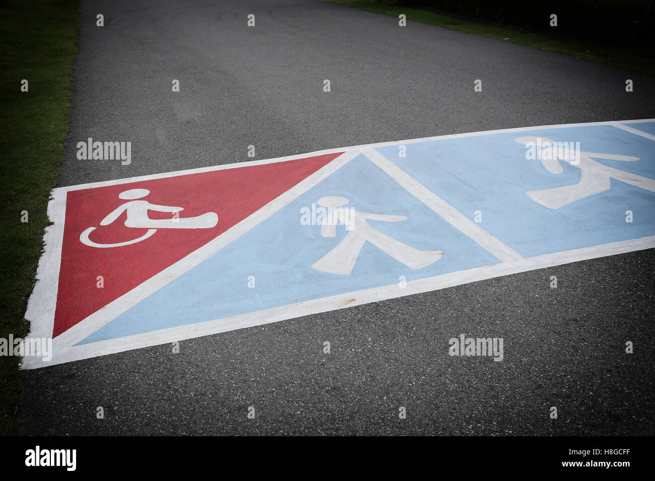 Strada asfaltata nel parco e sono il simbolo delle persone con disabilità e la passerella per mostrare il percorso di avanzamento. Foto Stock