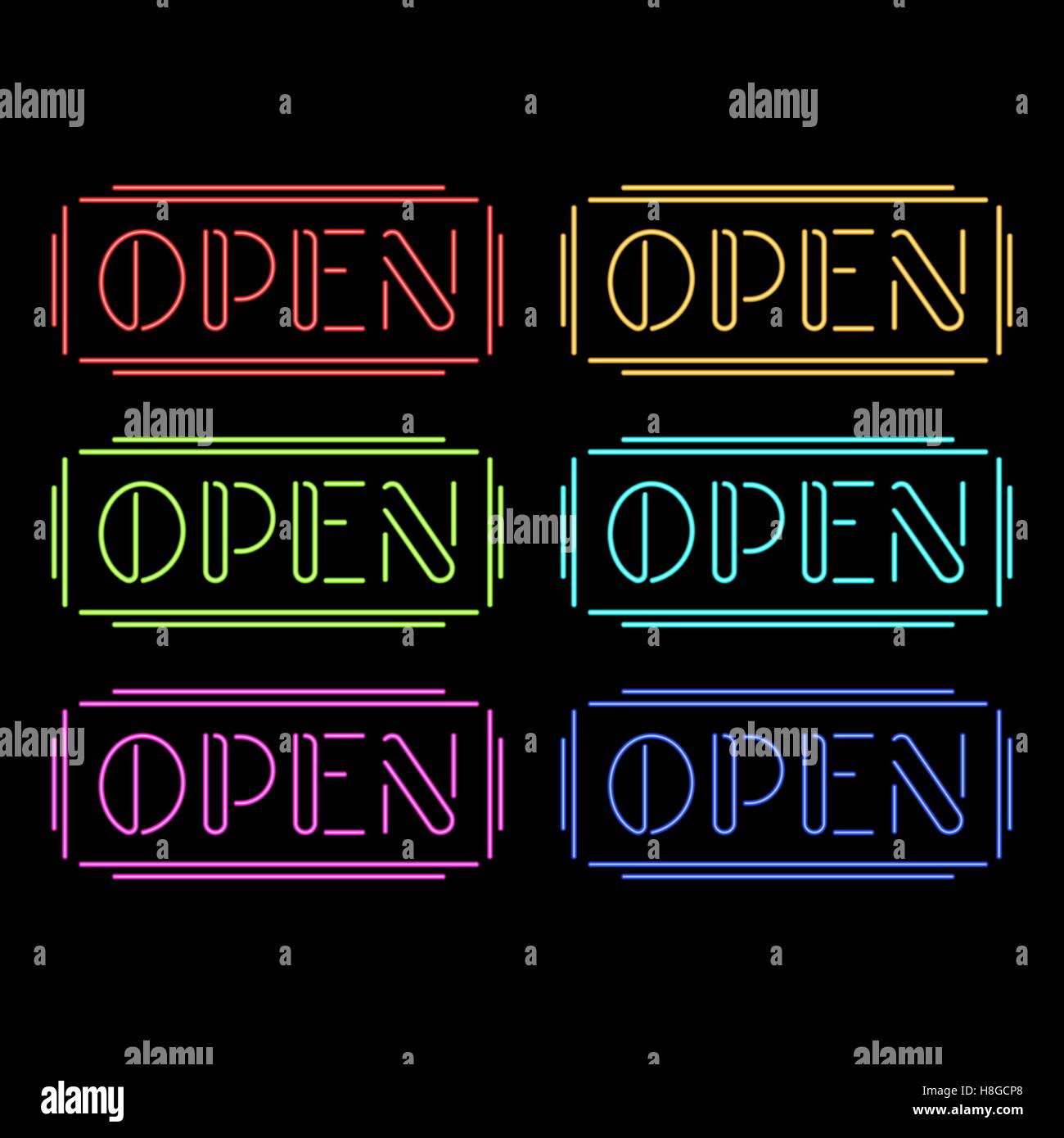 Set di luci al neon colorate segni aperto Illustrazione Vettoriale